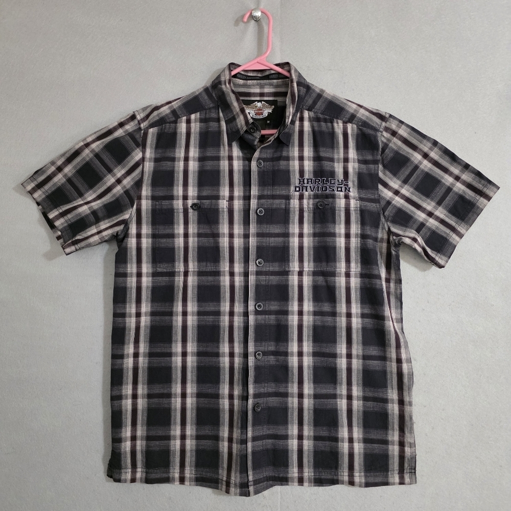 Harley Davidson S/S Embroidered Plaid Button Up Shirt Snap Button Collar Size M